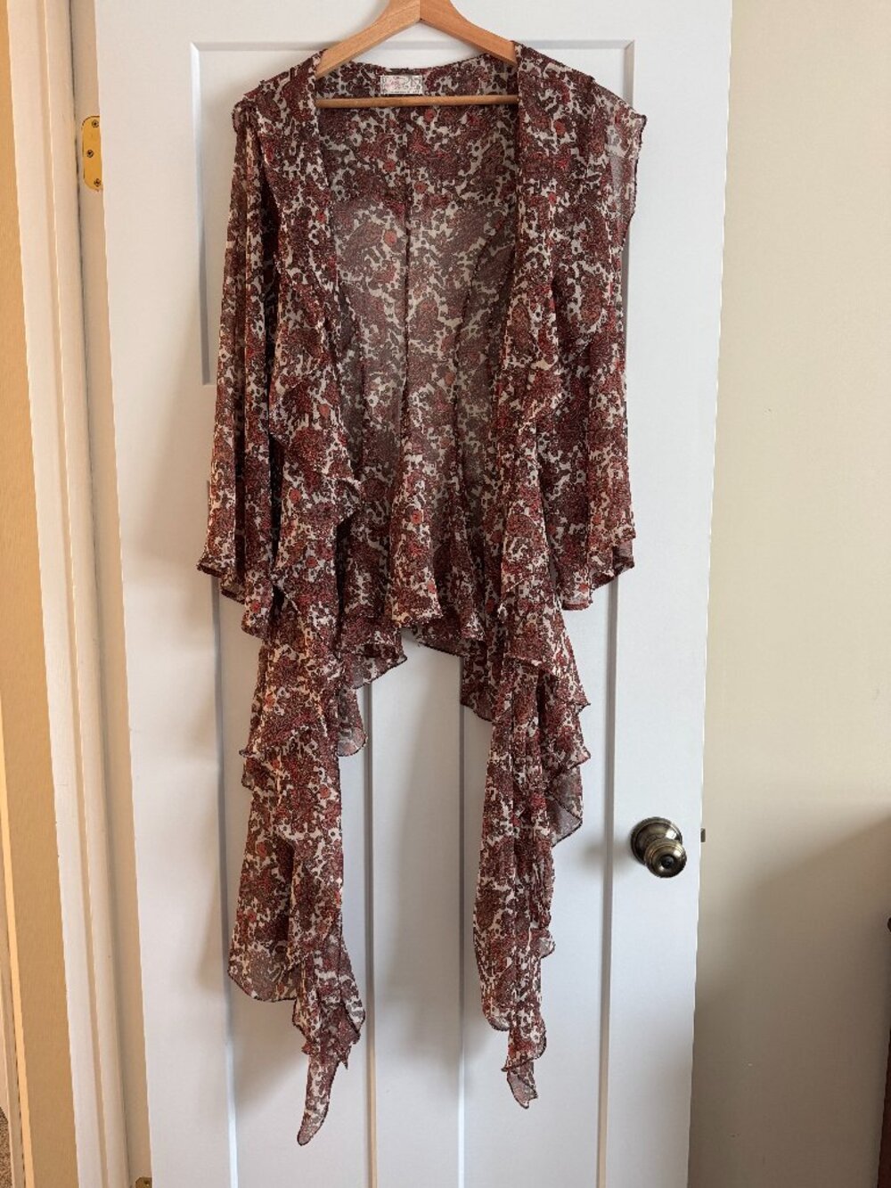 Free People Sheer Paisley Ruffle Kimono Boho Duster Cardigan